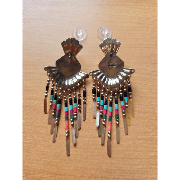 QT Quoc Turquoise Sterling Silver Southwestern Fringe Drop Earrings Signed - Picture 3 of 6